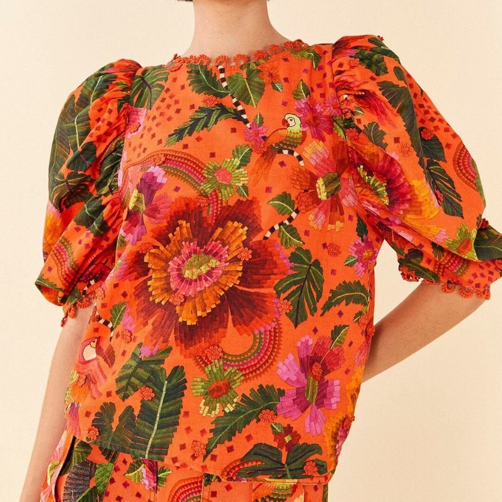 FARM Rio Women's Blouse in Orange Blooming Garden Size: XS - Picture 3 of 13
